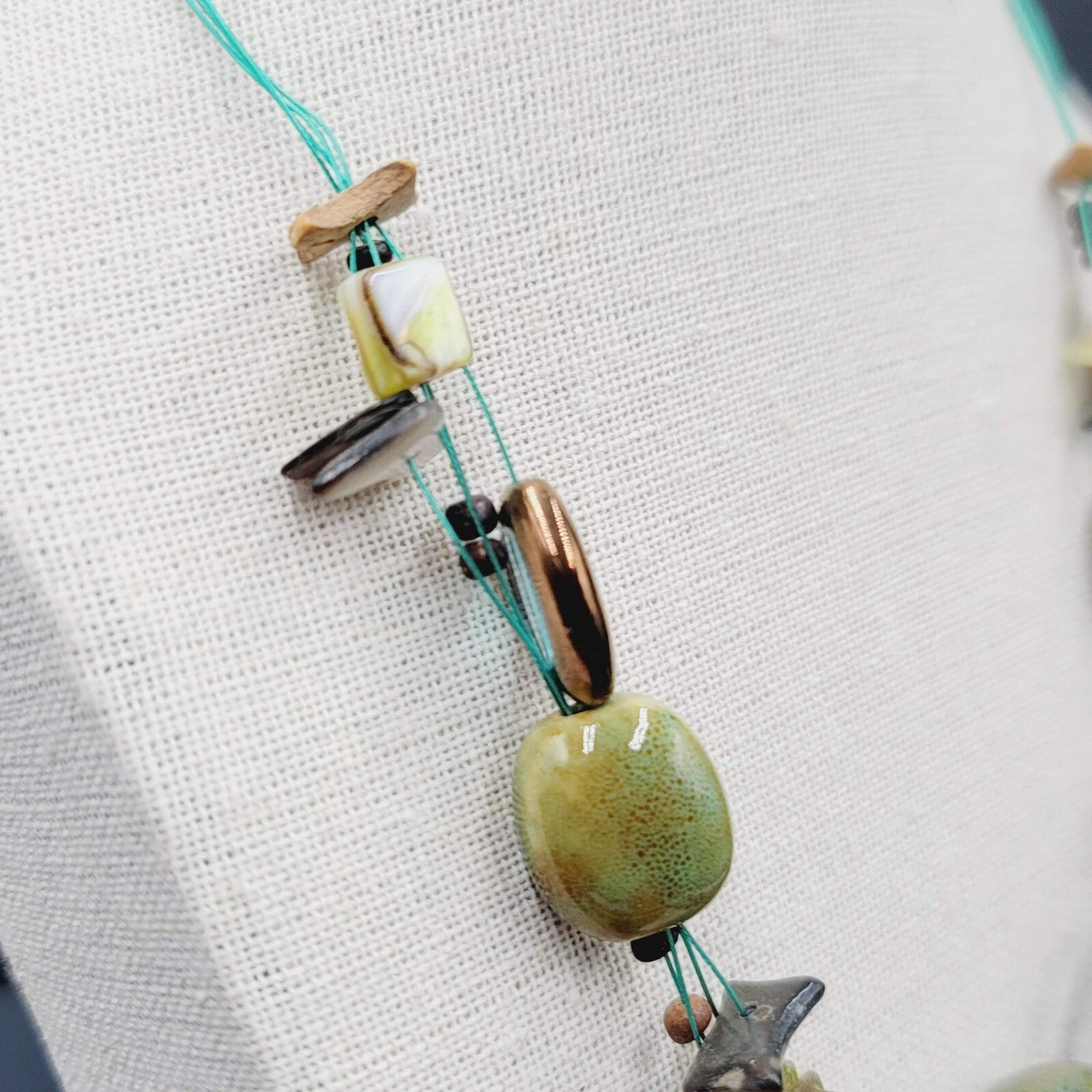 Premier Designs Necklace Green Pottery Beads Blue Thread 18"-21"