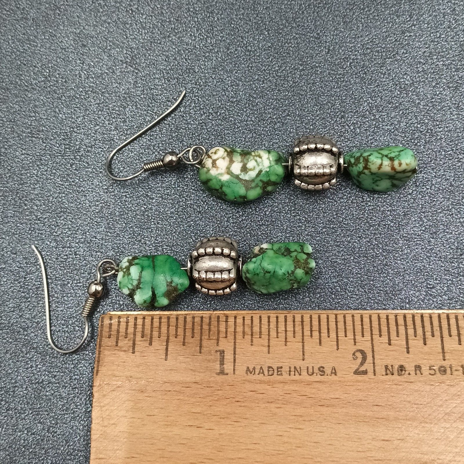 Pierced Earrings Silver tone Green Howlite Stone Beaded Statement Dangle 1 3/4"