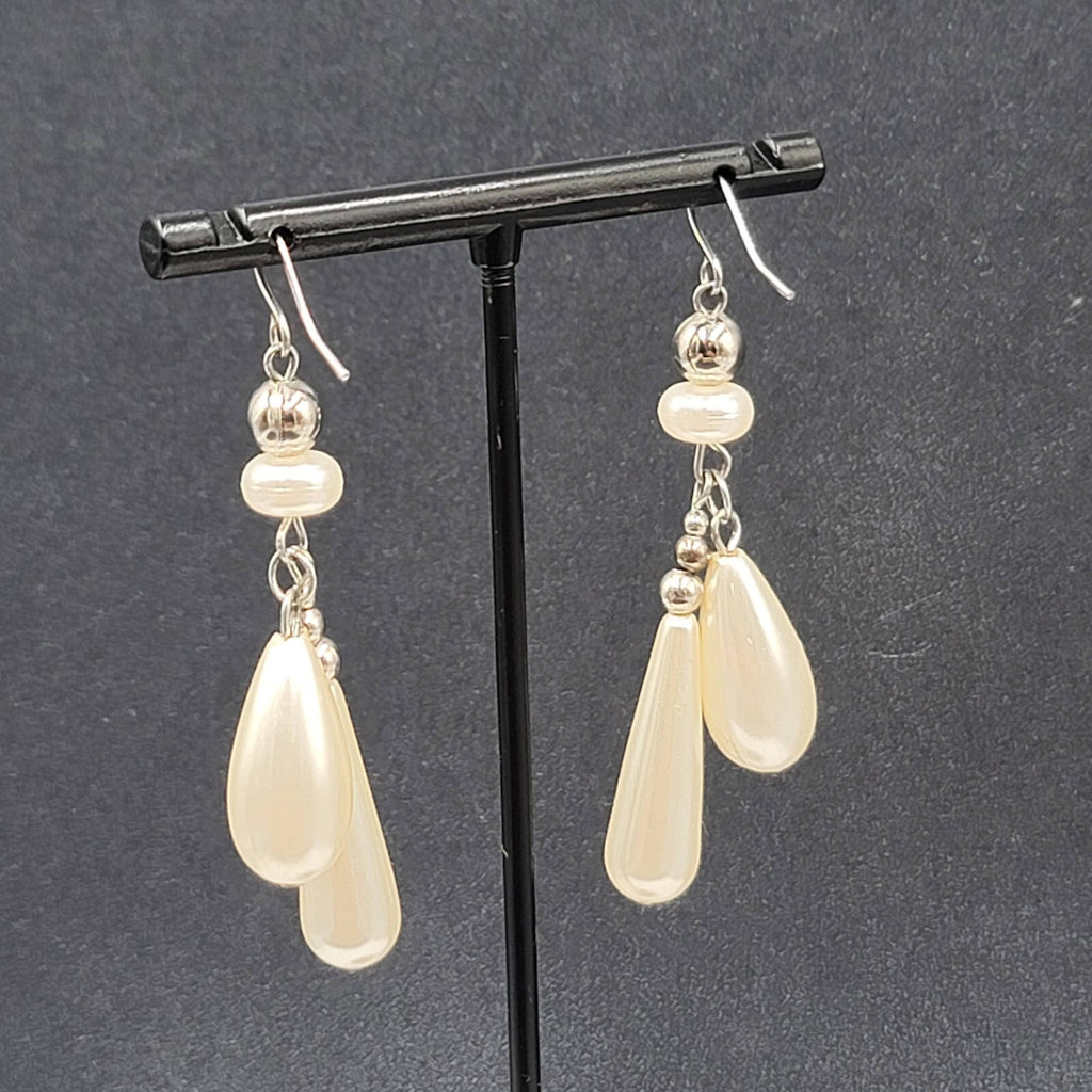 Pierced Earrings Silver tone White Teardrop Bead Dangle 2"
