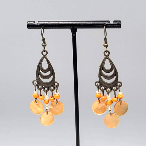 Bronze tone Chandelier Pierced Earrings Wood Bead Orange Shell Dangle 2"