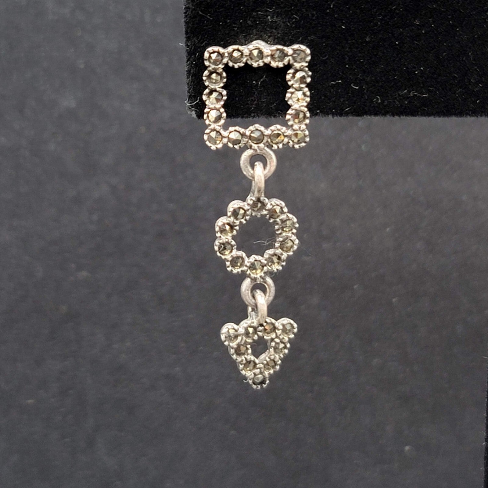 Sterling Silver Pierced Earrings Marcasite Geometric Dangle 1 3/8"