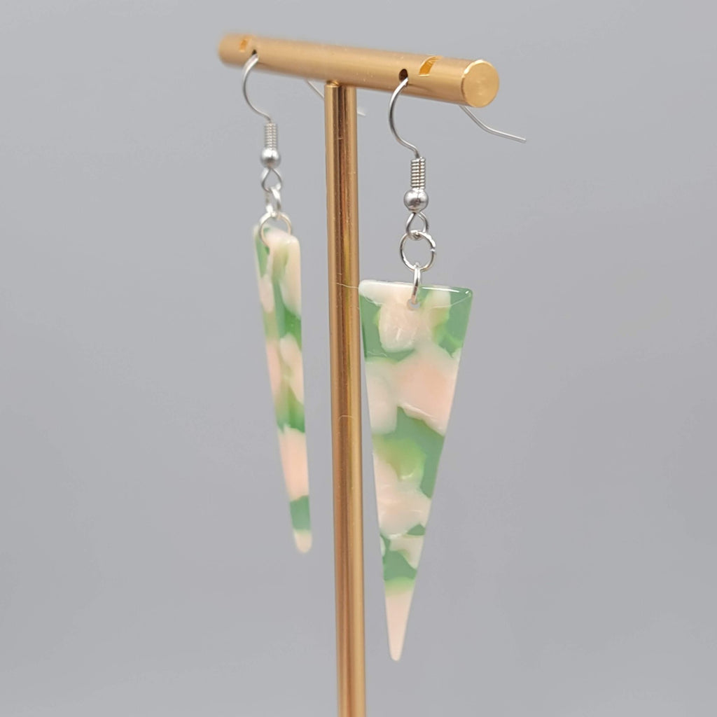 Pink Green Resin Triangle Pierced Earrings Silver tone Dangle  2 in