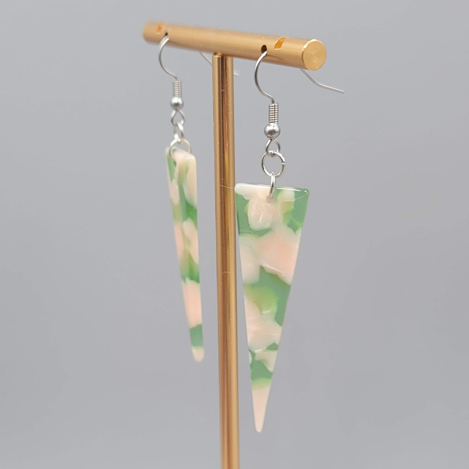 Pink Green Resin Triangle Pierced Earrings Silver tone Dangle  2 in