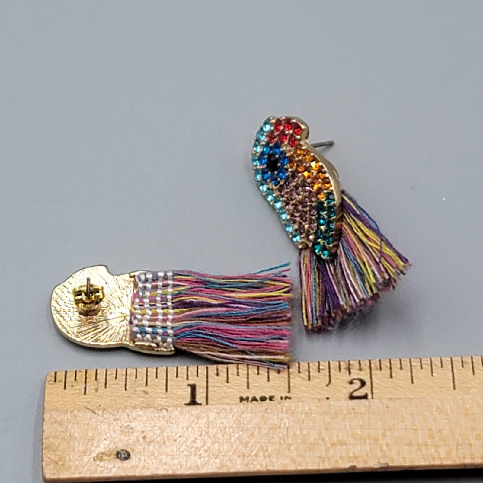 Crystal Bird Pierced Earrings Gold tone Multicolor Tassel 1.5"