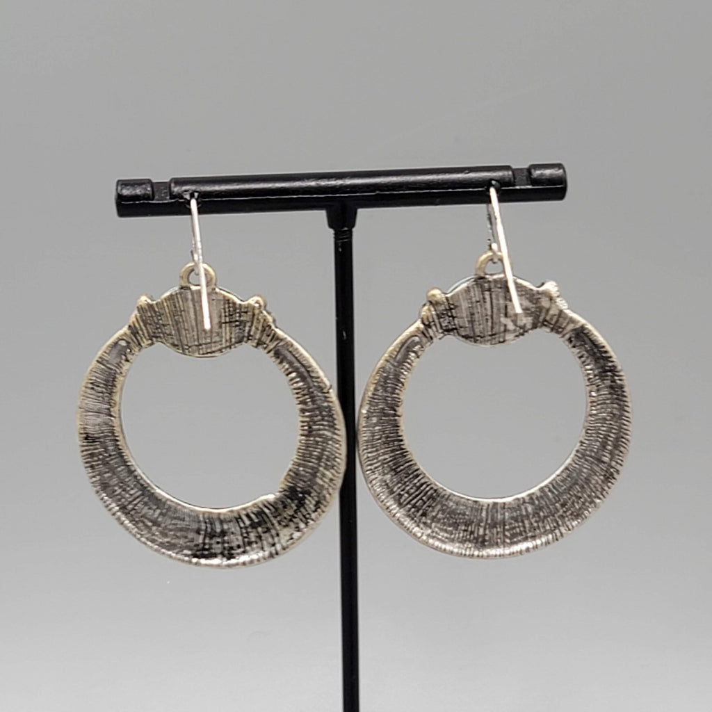 Boho Silver tone Pierced Earrings Oxidized Blue Accent Dangle 1.75"