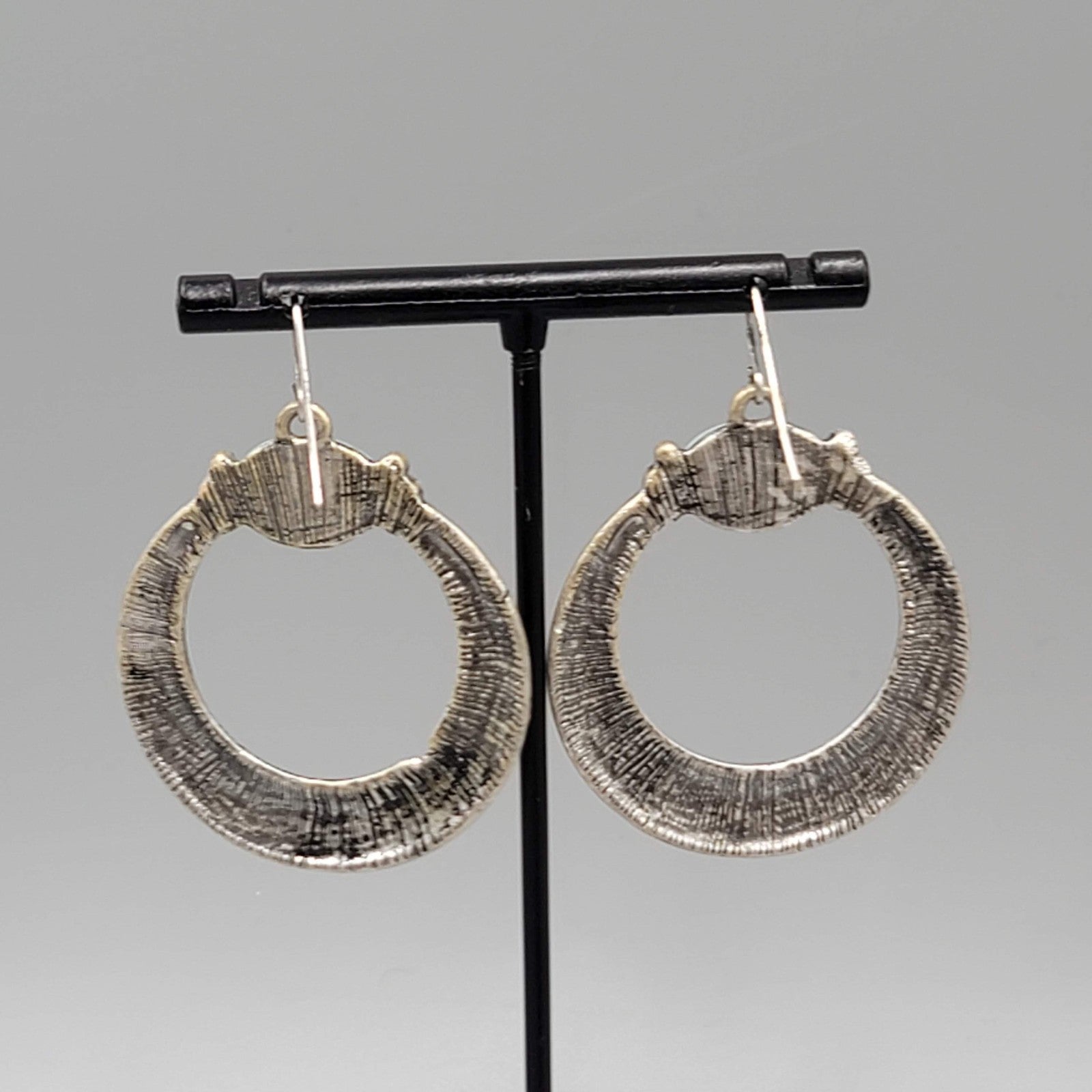 Boho Silver tone Pierced Earrings Oxidized Blue Accent Dangle 1.75"
