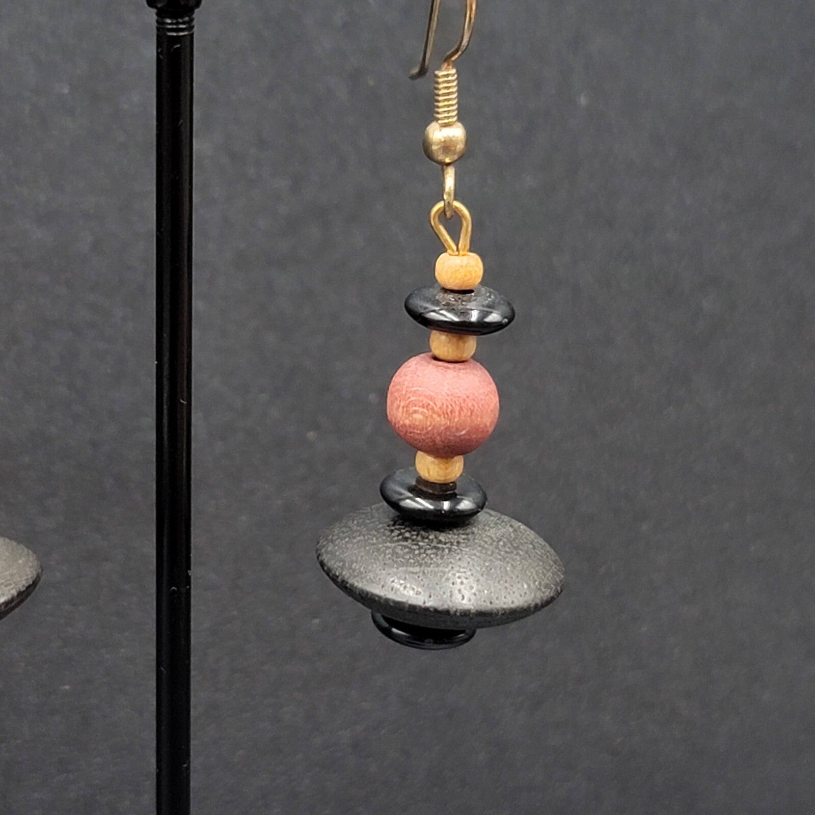 Vintage Boho Pierced Earrings Multicolor Wood Bead Dangle Gold tone 1.25"