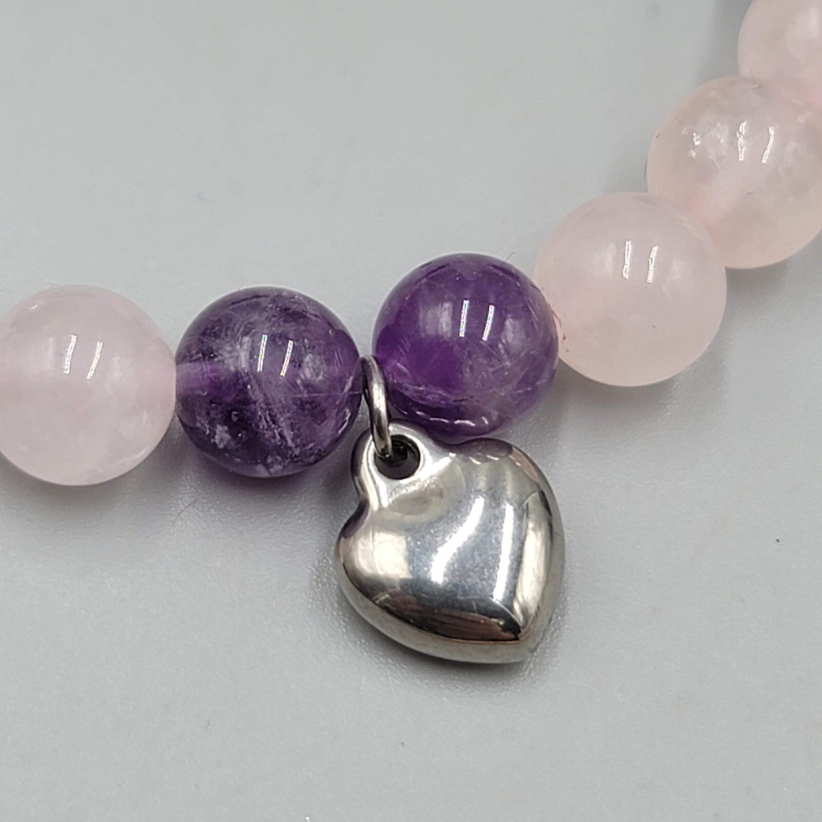 Pink Quartz and Amethyst Bead Bracelet Elastic Rhinestone Spacers Heart Charm