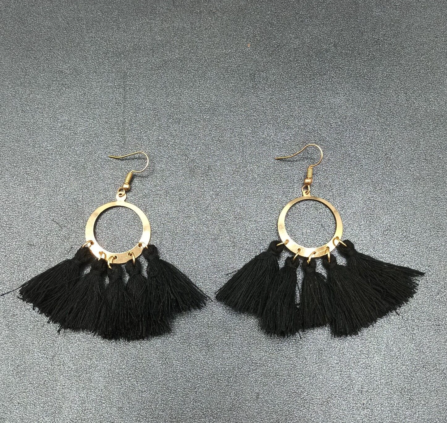Boho Pierced Earrings Gold tone Circle Black Tassel Statement Dangle 2 1/4"