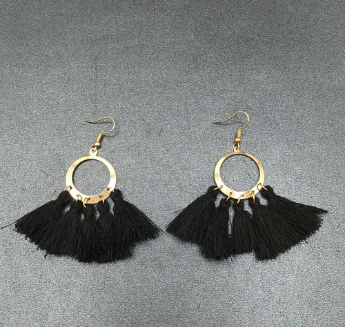 Boho Pierced Earrings Gold tone Circle Black Tassel Statement Dangle 2 1/4"