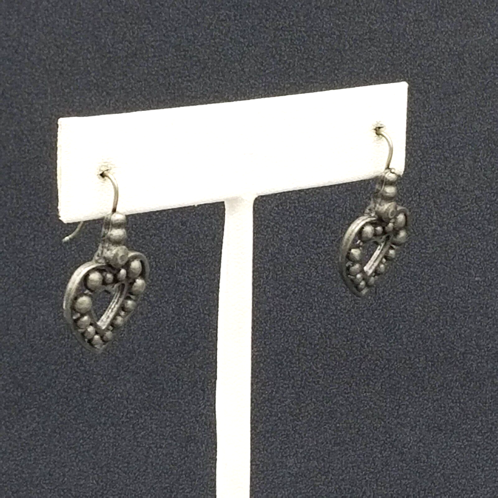 Pierced Earrings Pewter Beaded Open Heart Dangle Dark Gray 7/8"
