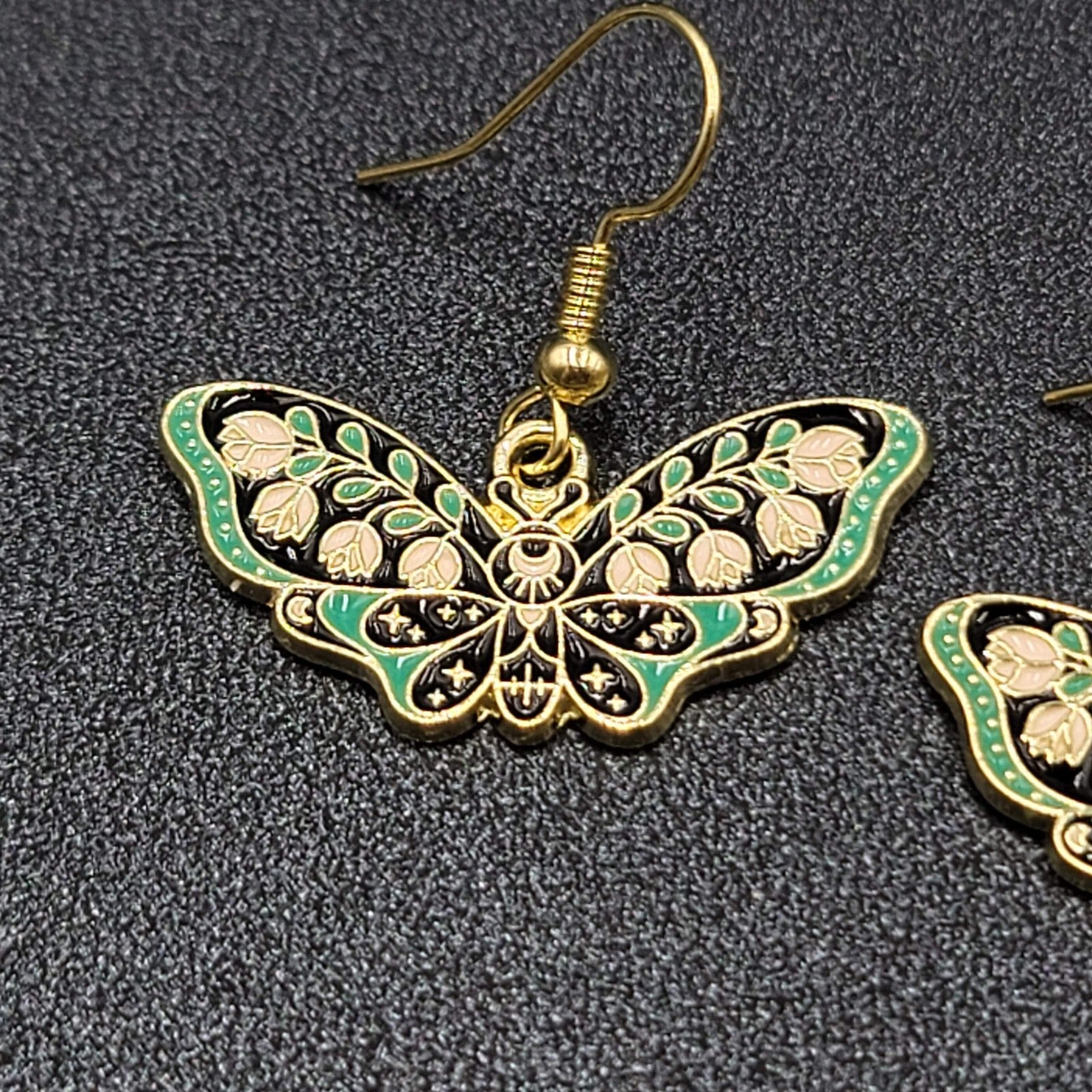 Moth Pierced Earrings Gold tone Green Pink Black Enamel Dangle 1/2"