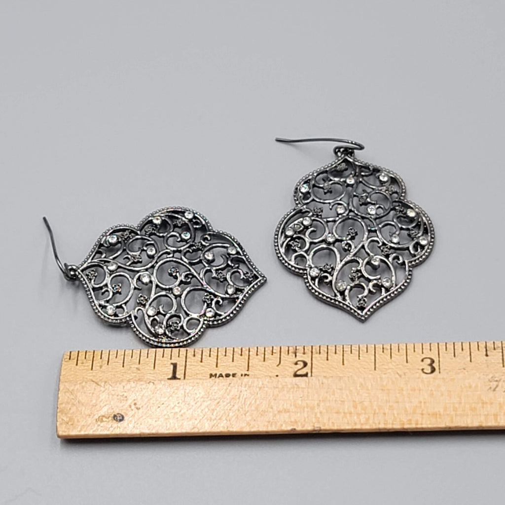Pierced Earrings Black Metal Crystal Rhinestone Filigree Dangle 1.75"