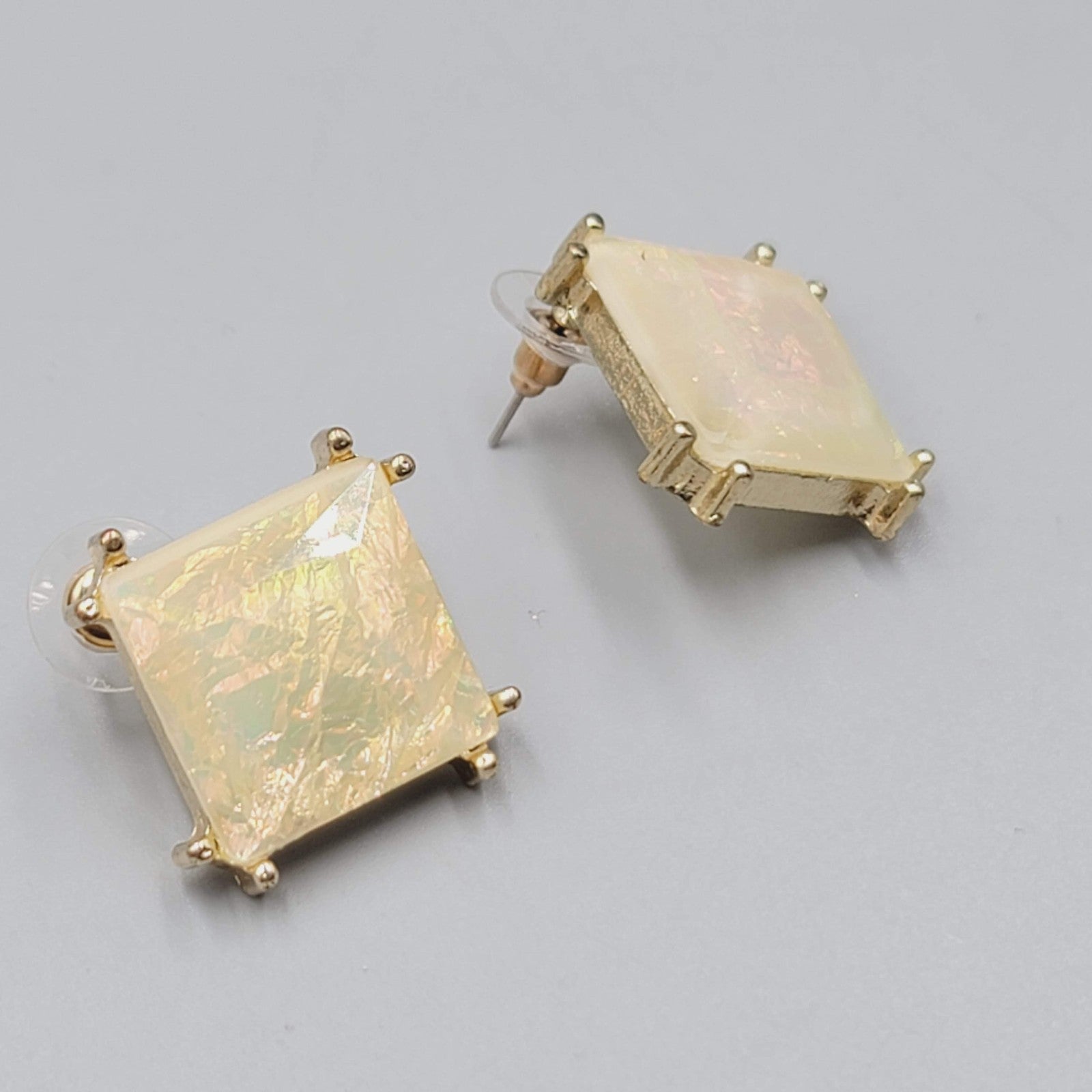 Pierced Earrings Gold tone Drop Iridescent Yellow Statement 1"