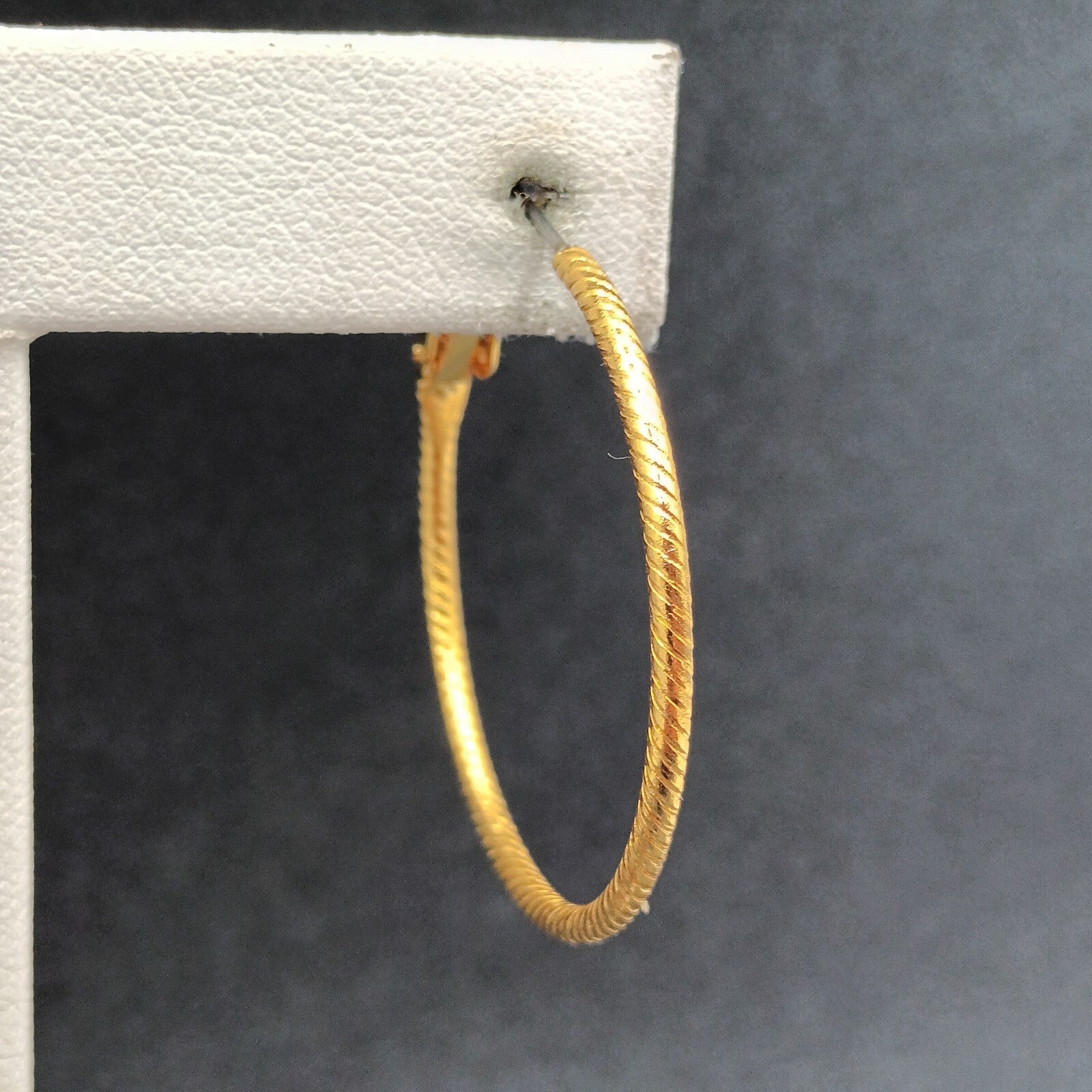 Pierced Earrings Textured Gold tone Snap Hoop 1 3/8"