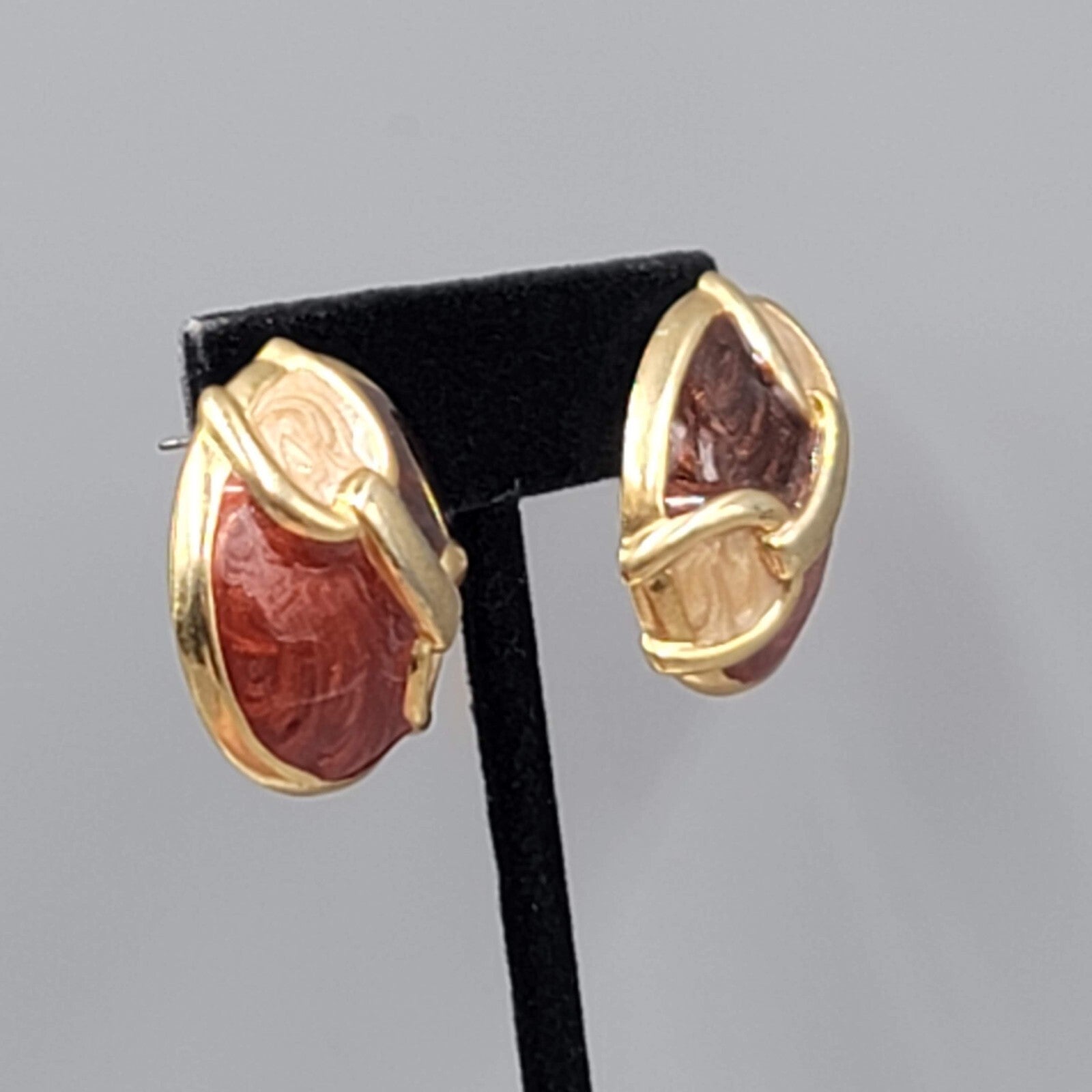 Vintage Pierced Earrings Red Brown Enamel Gold tone Dome 1"