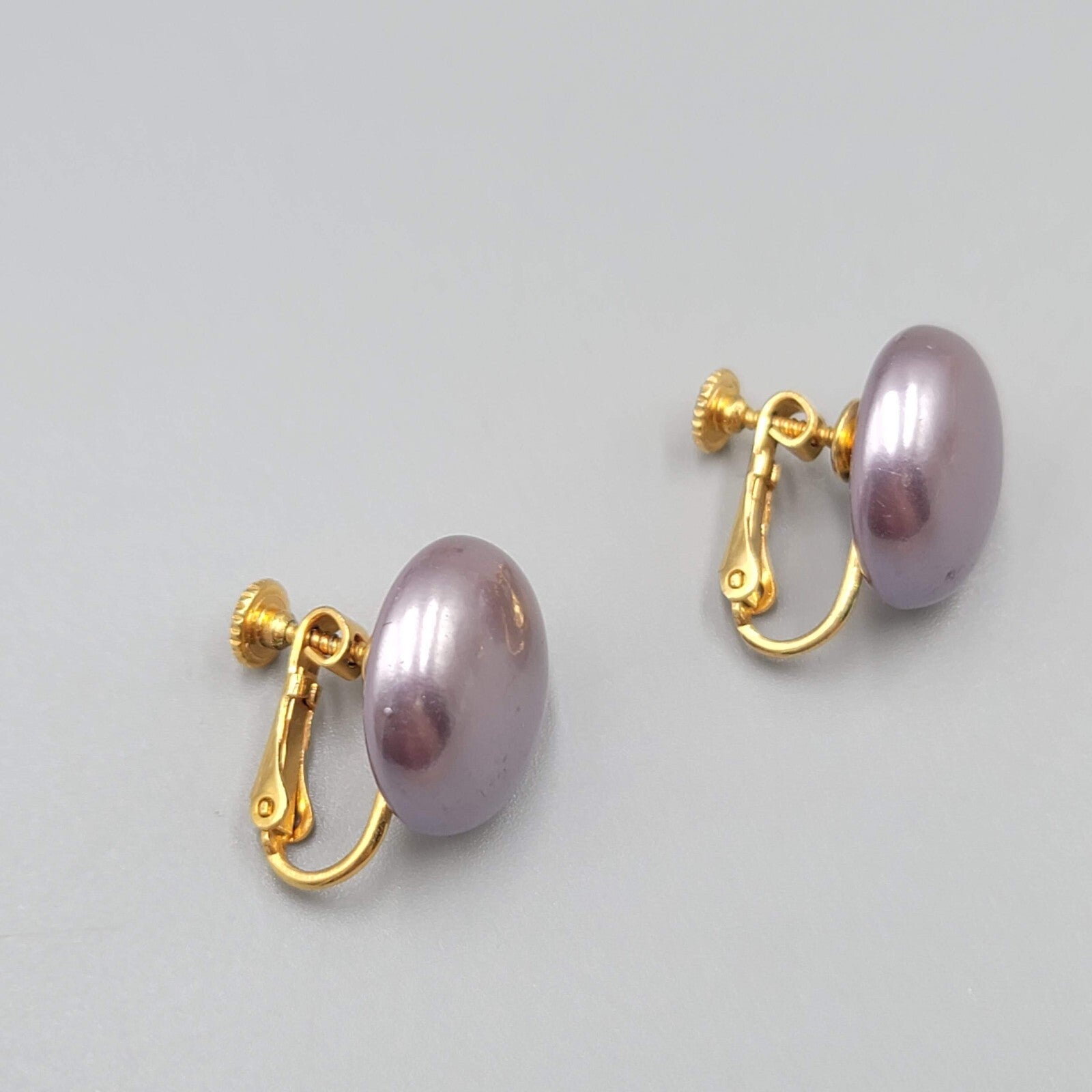 Vintage Purple Satin Round Clip on Earrings Gold tone 3/4"