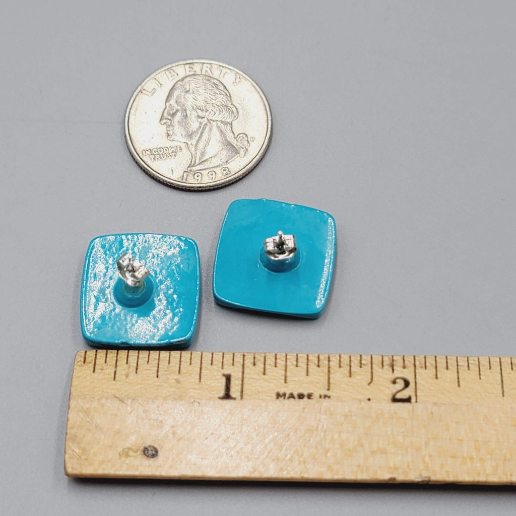 Vintage Blue Beveled Square Pierced Earrings 3/4"