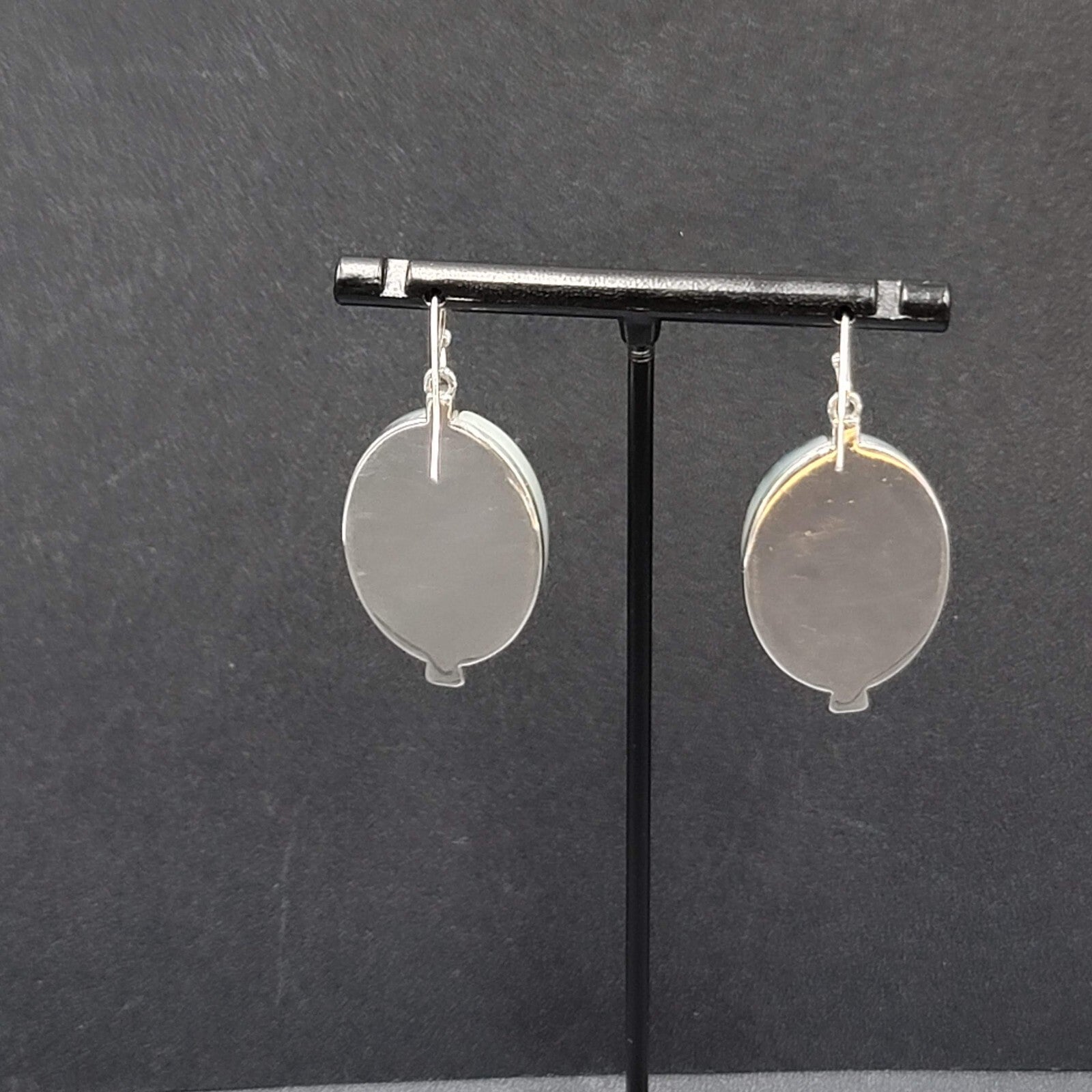 Pierced Earrings Silver tone Green White Resin Oval Dangle 1 3/8"