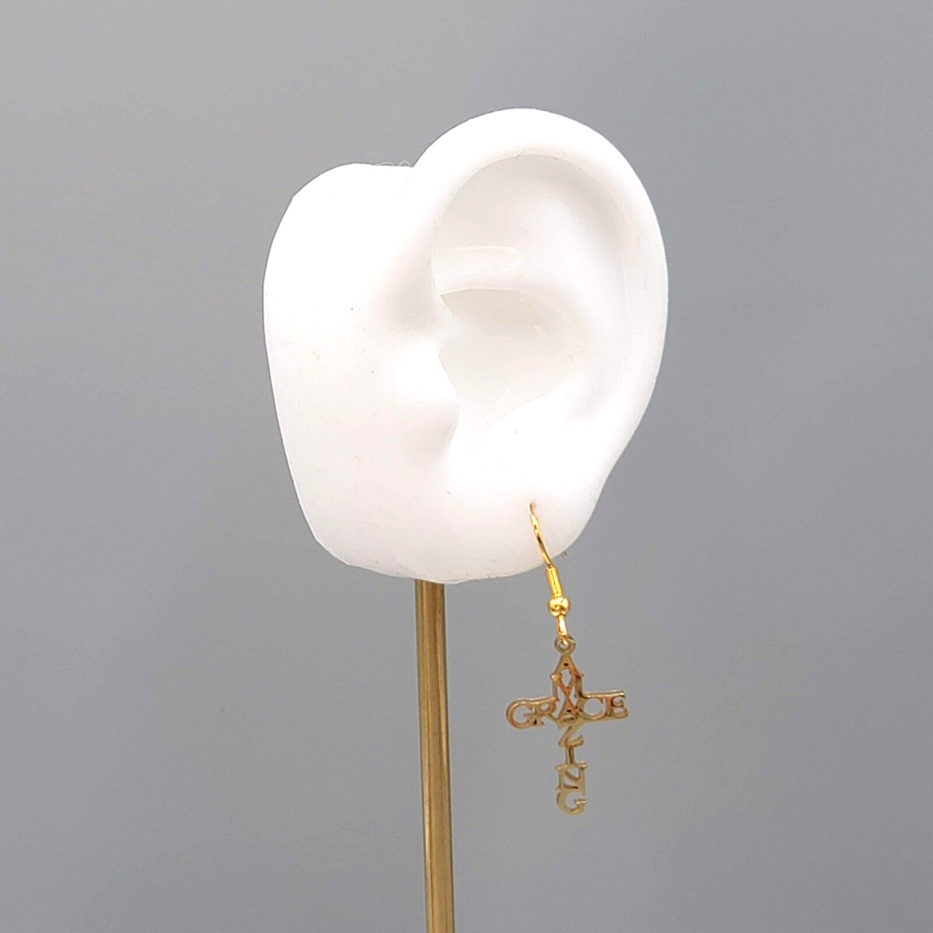 Amazing Grace Cross Pierced Earrings Gold tone Dangle 1"