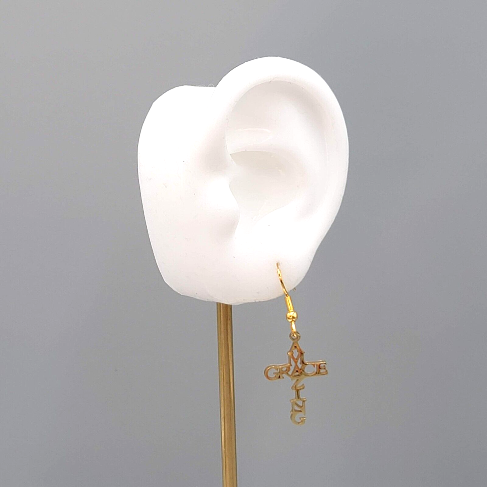 Amazing Grace Cross Pierced Earrings Gold tone Dangle 1"