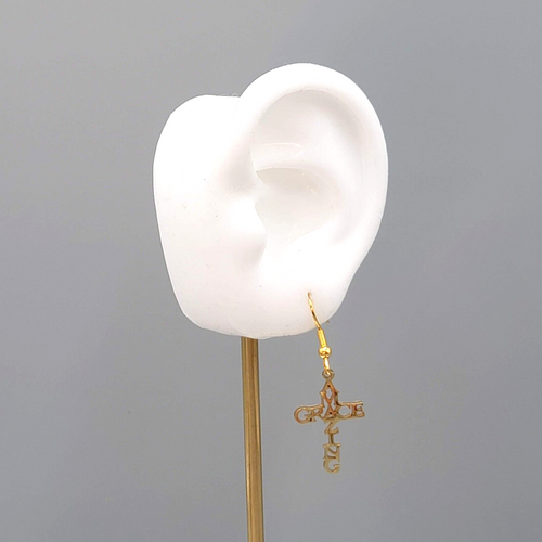 Amazing Grace Cross Pierced Earrings Gold tone Dangle 1"