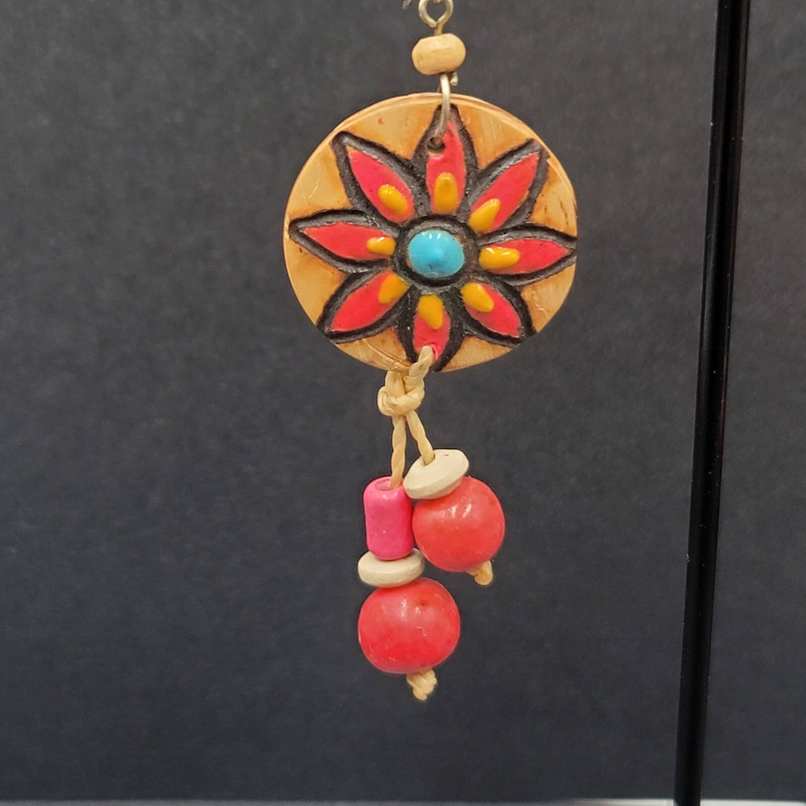 Vintage Pierced Earrings Hand Painted Carved Coconut Pink Bead Dangle 2.25"