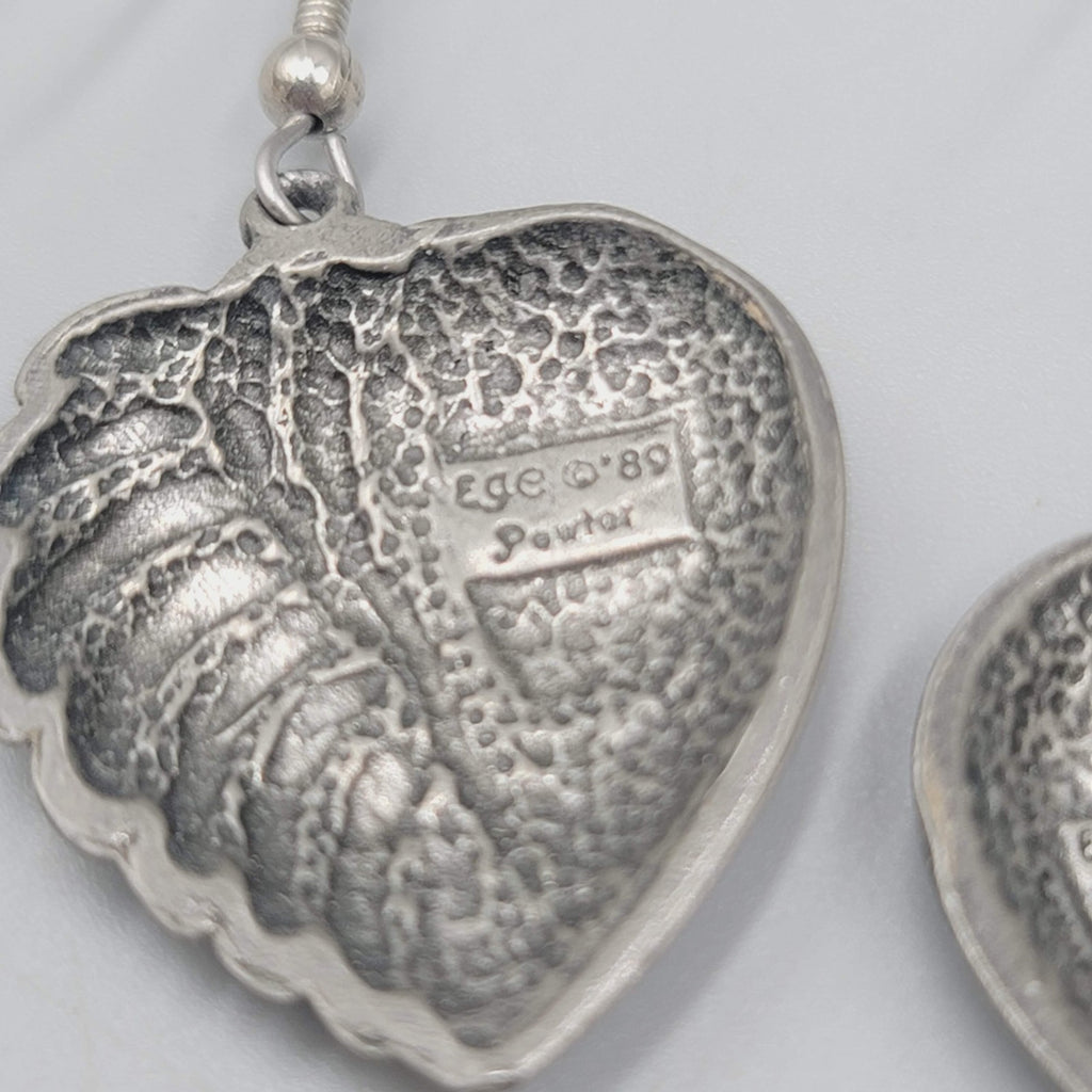 Vintage EGE Pewter Heart Pierced Earrings Dangle 1.25"