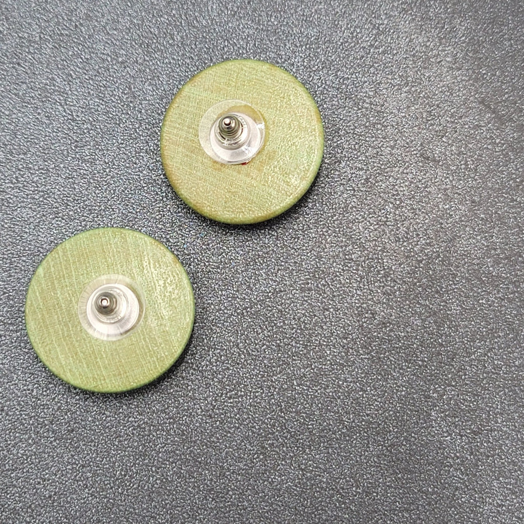Vintage Pierced Earrings Stained Green Wood Disc Drop 1"