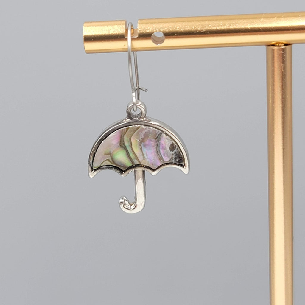 Vintage Umbrella Abalone Inlay Pierced Earrings Silver tone Dangle 3/4"
