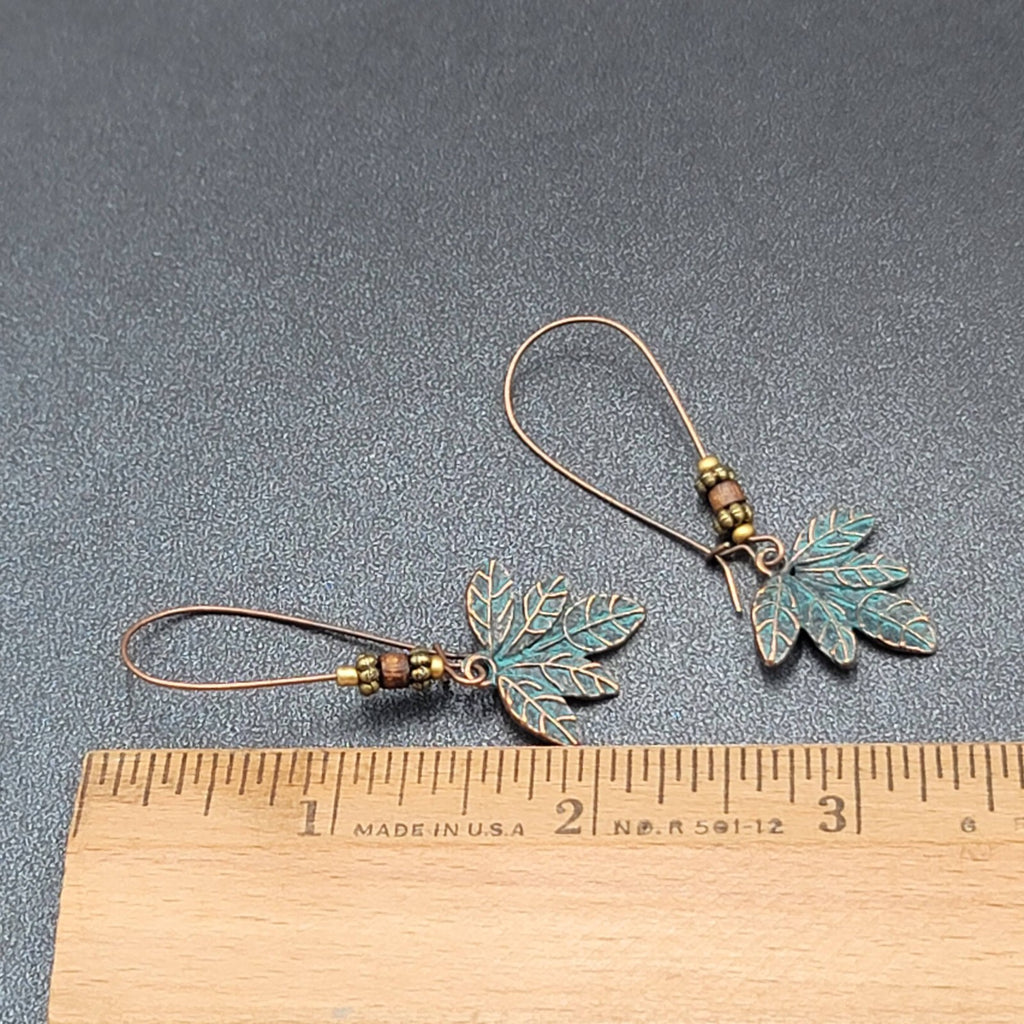 Pierced Earrings Bronze tone Green Patina Leaf Beaded Dangle 2.25"