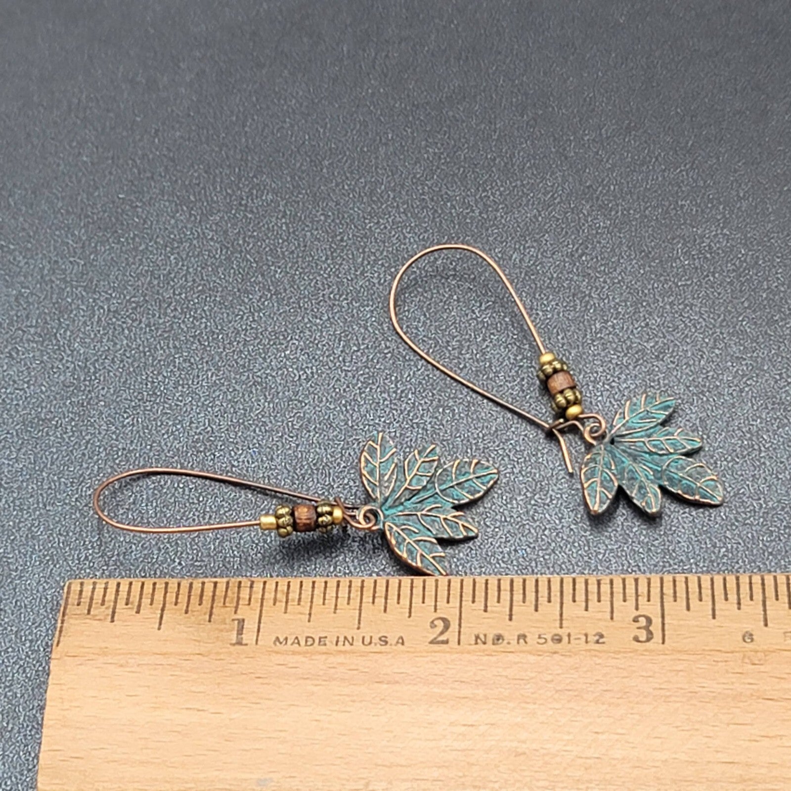 Pierced Earrings Bronze tone Green Patina Leaf Beaded Dangle 2.25"