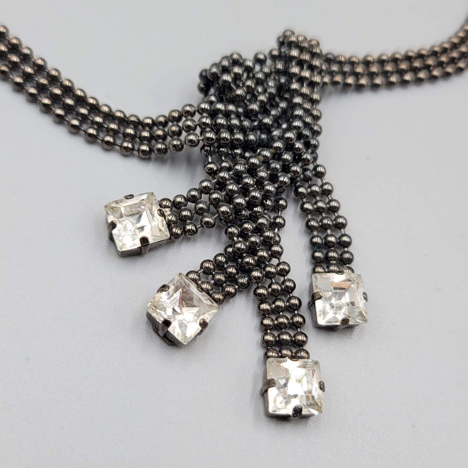 FALLON Designer Statement Necklace Black Bead Chain Square Rhinestone 15"