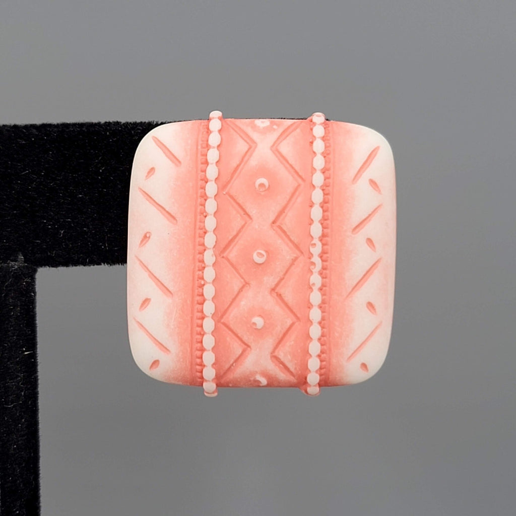 Vintage Salmon Pink White Pierced Earrings Embossed Square Drop 1"