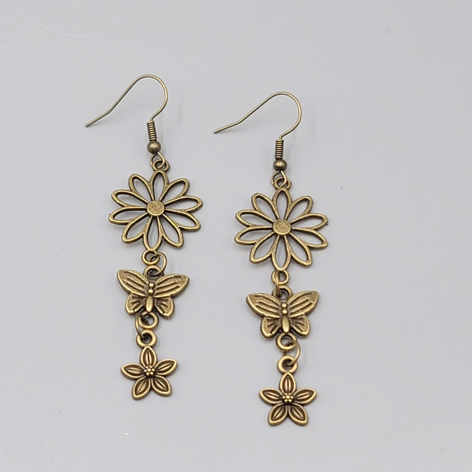 New Flower Butterfly Pierced Earrings Bronze tone Triple Dangle 2 1/8"