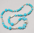 Vintage Bright Blue and Silver tone Bead Necklace 28"