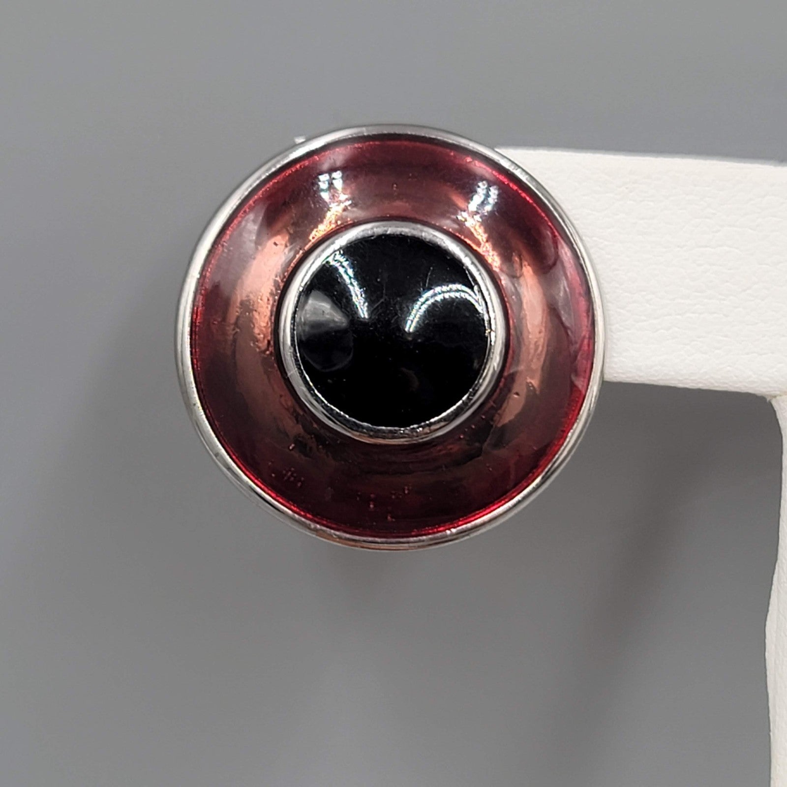 Vintage Round Burgandy Enamel Pierced Earrings Silver tone 1 in