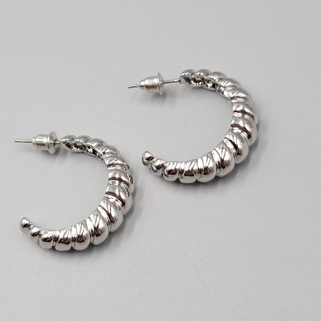 Silver Plated Hoops Pierced Earrings Ribbed Design 1"