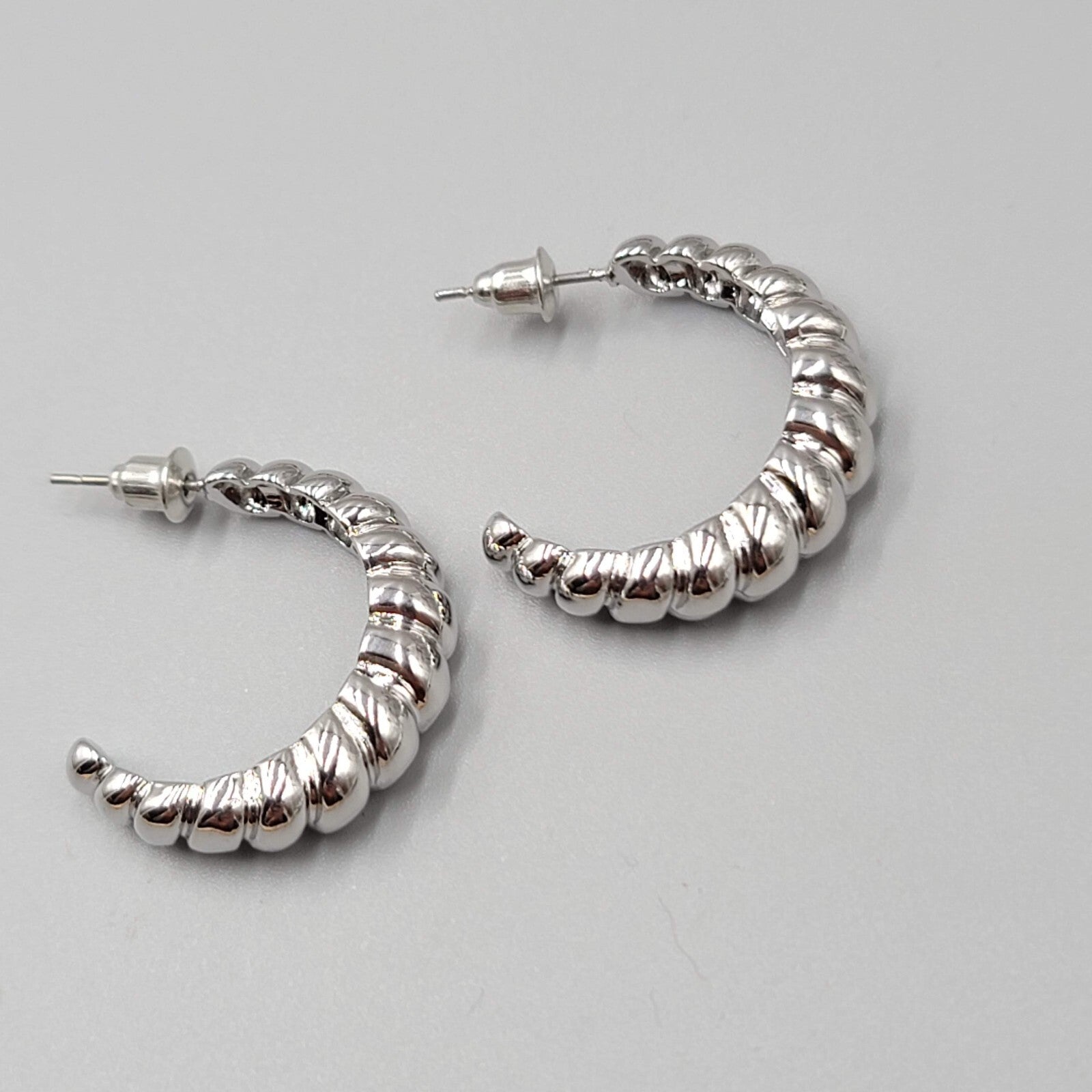 Silver Plated Hoops Pierced Earrings Ribbed Design 1"