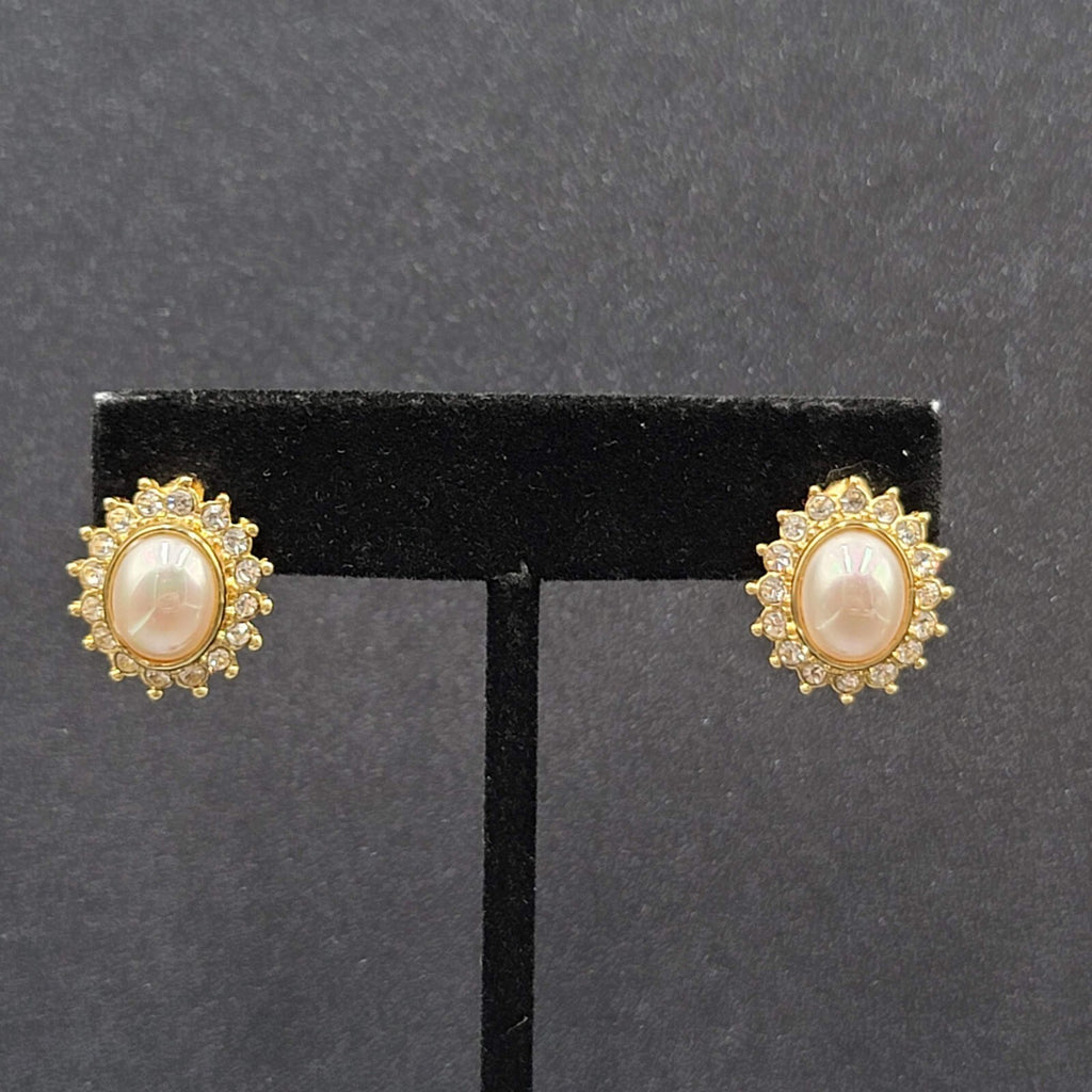 Pierced Earrings Gold Plated Crystal Oval Iridescent Cabochon Studs 5/8"