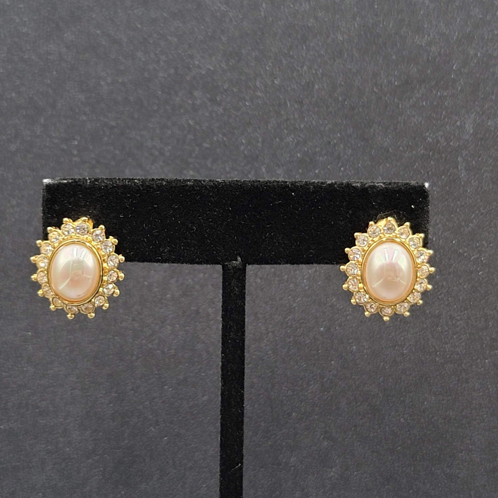 Pierced Earrings Gold Plated Crystal Oval Iridescent Cabochon Studs 5/8"