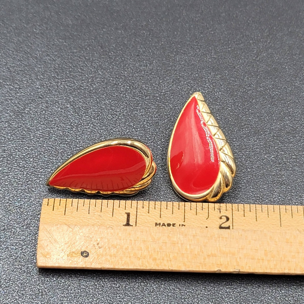 Vintage Pierced Earrings Gold tone Red Enamel Drop Teardrop 1.25"
