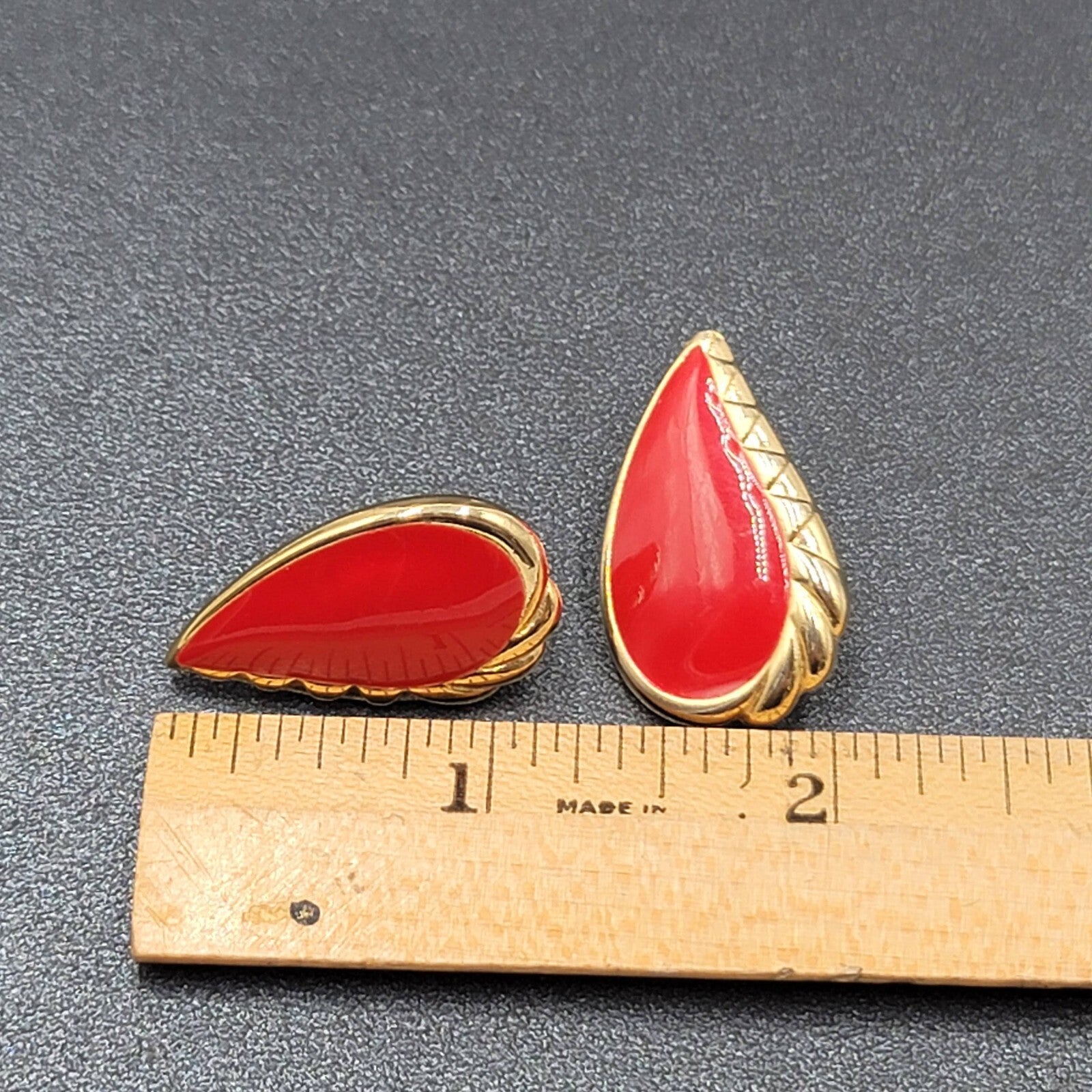 Vintage Pierced Earrings Gold tone Red Enamel Drop Teardrop 1.25"