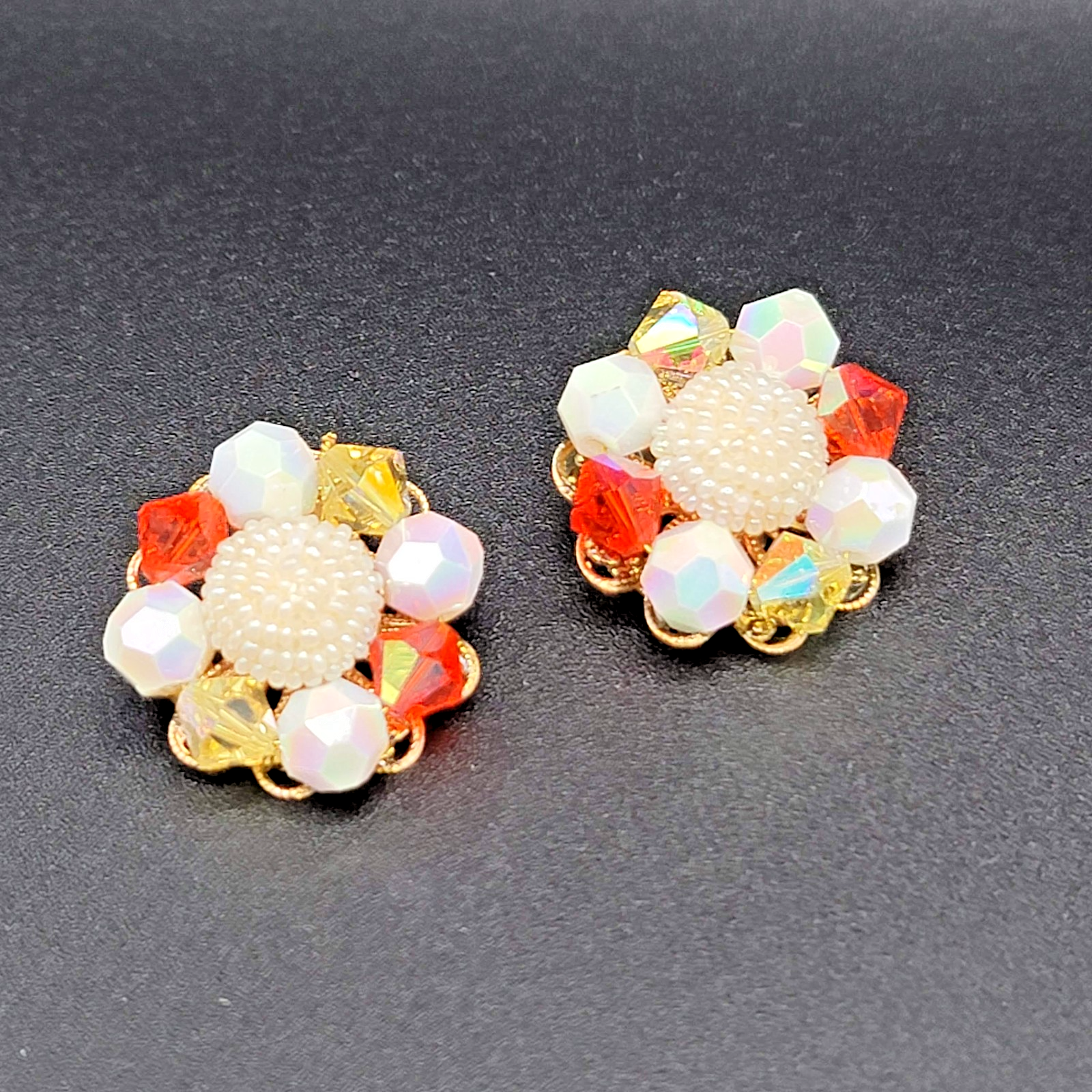 Vintage Clip on Earrings Red White Bead Gold tone 1 1/8"