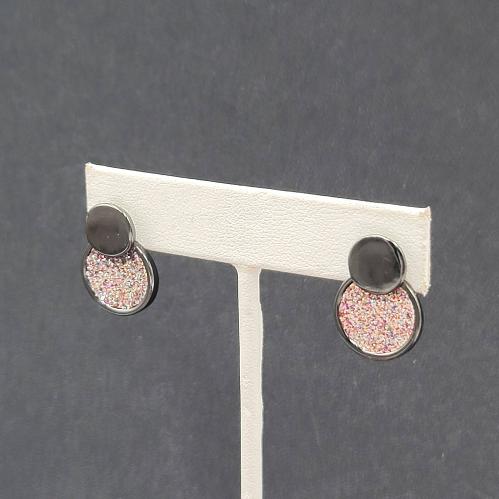 Pierced Earrings Black Metal Pink Glitter Drop Circles 3/4"