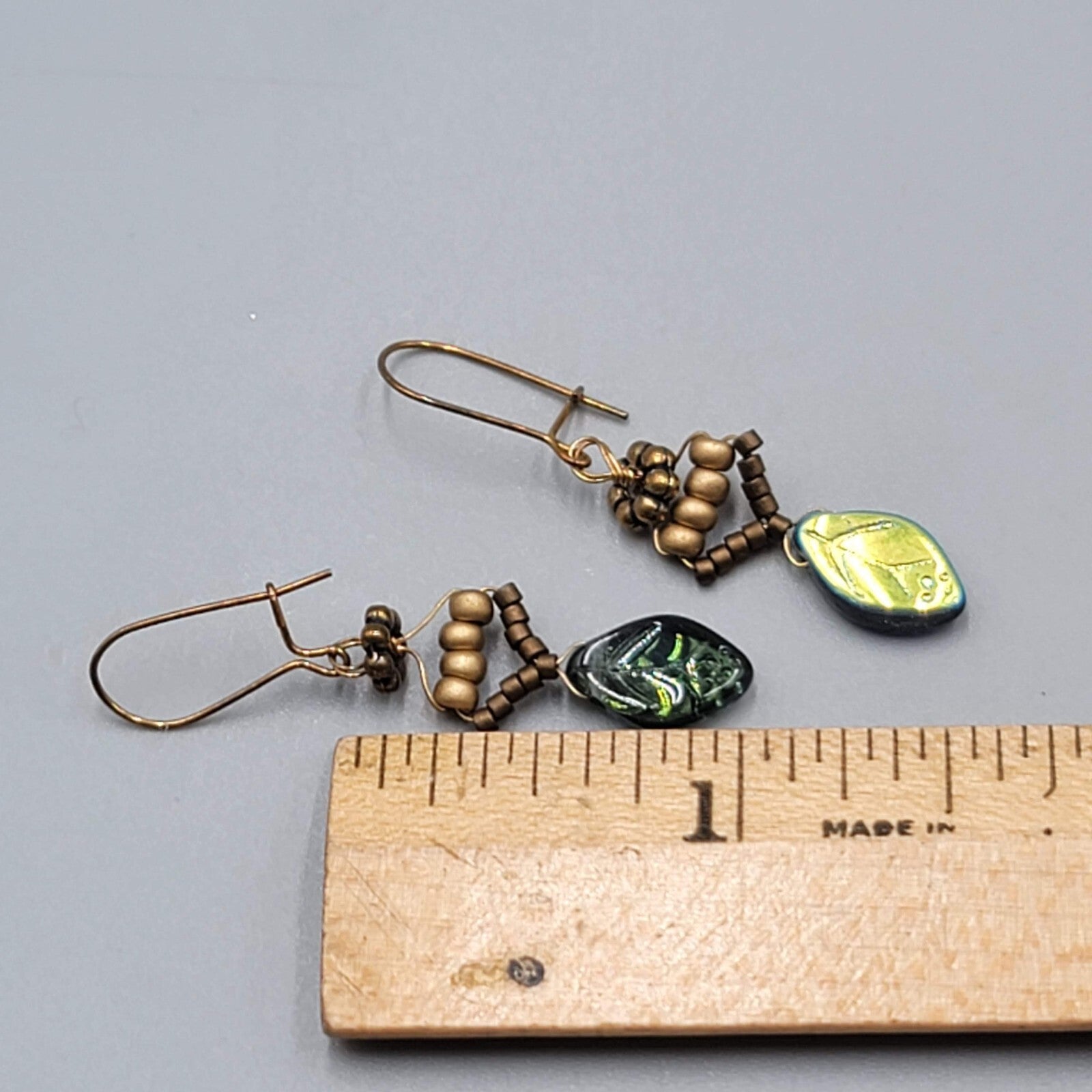 Glass Leaf Iridescent Pierced Earrings Beaded Copper tone Dangle 1"