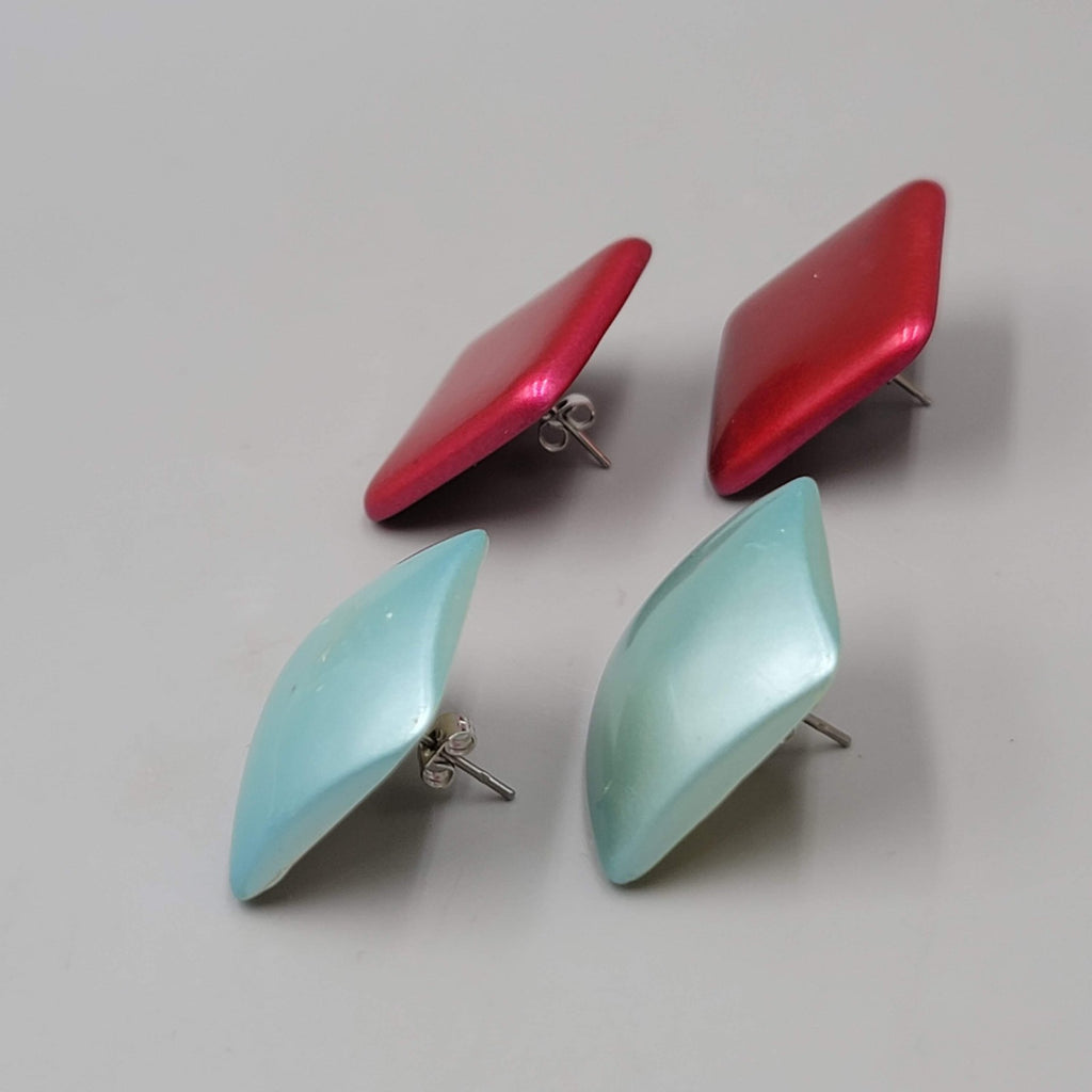 Vintage Square Pierced Earrings Red Blue Lot of 2 Retro Chunky Statement 1"