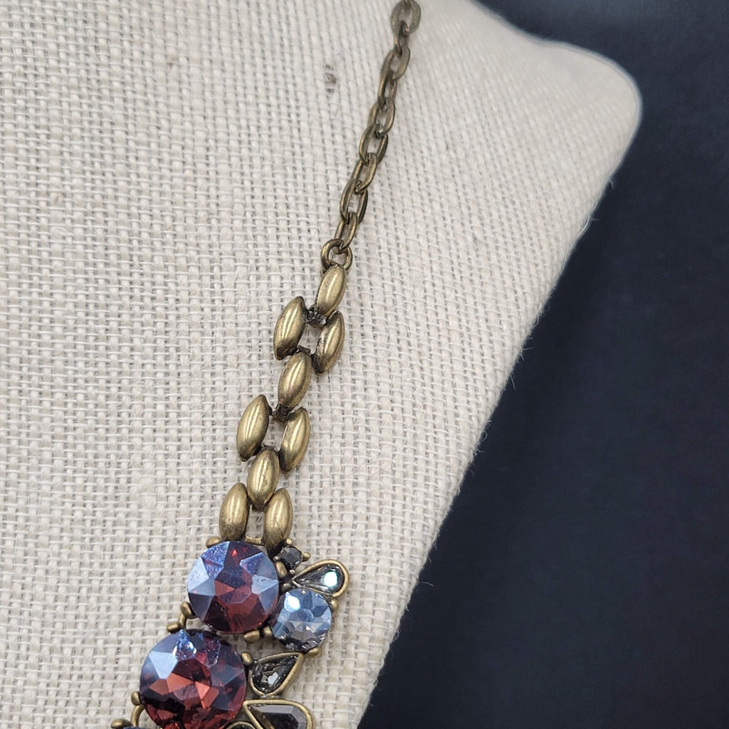 Purple Rhinestone Necklace Bronze tone Bid Statement Chain  20" - 22"