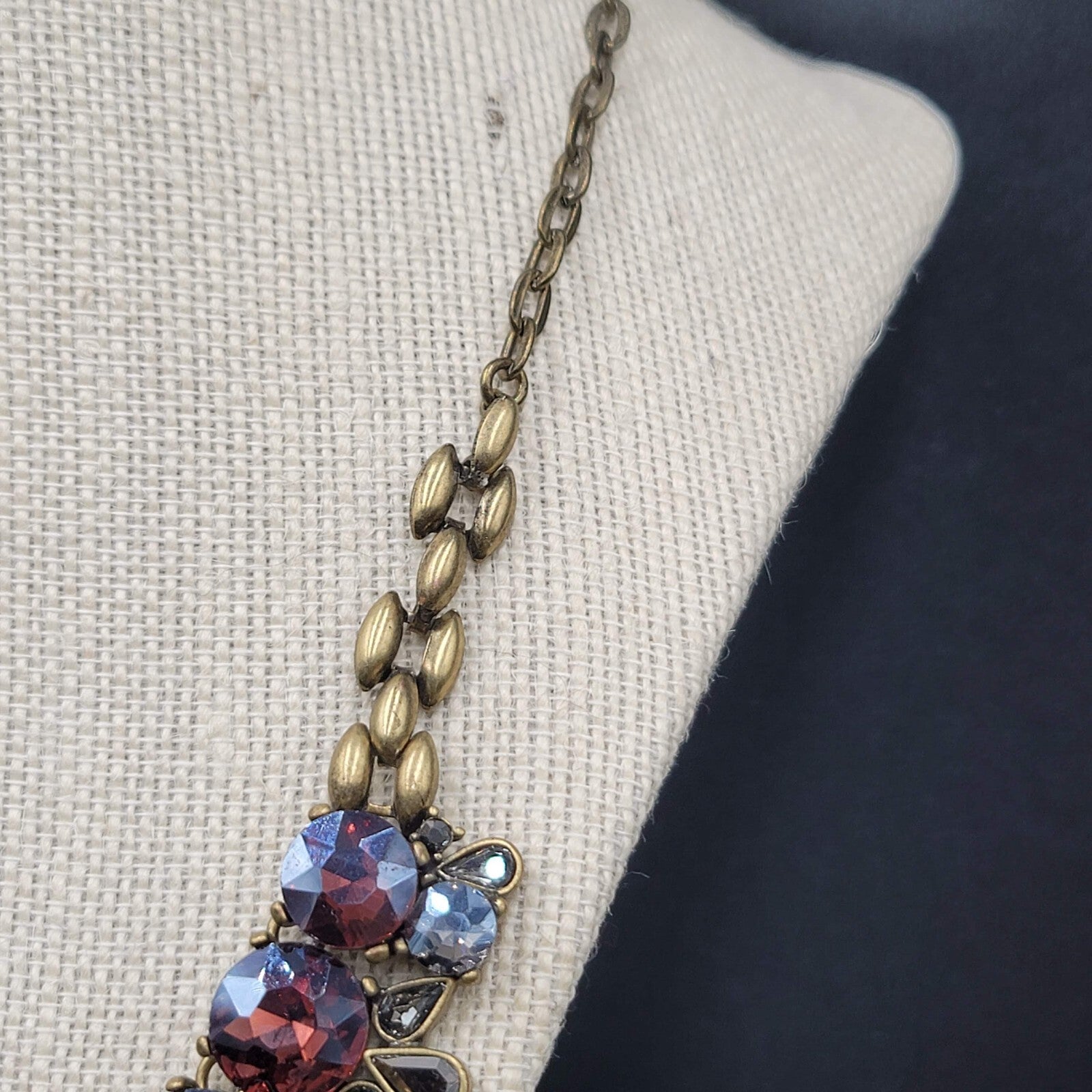 Purple Rhinestone Necklace Bronze tone Bid Statement Chain  20" - 22"