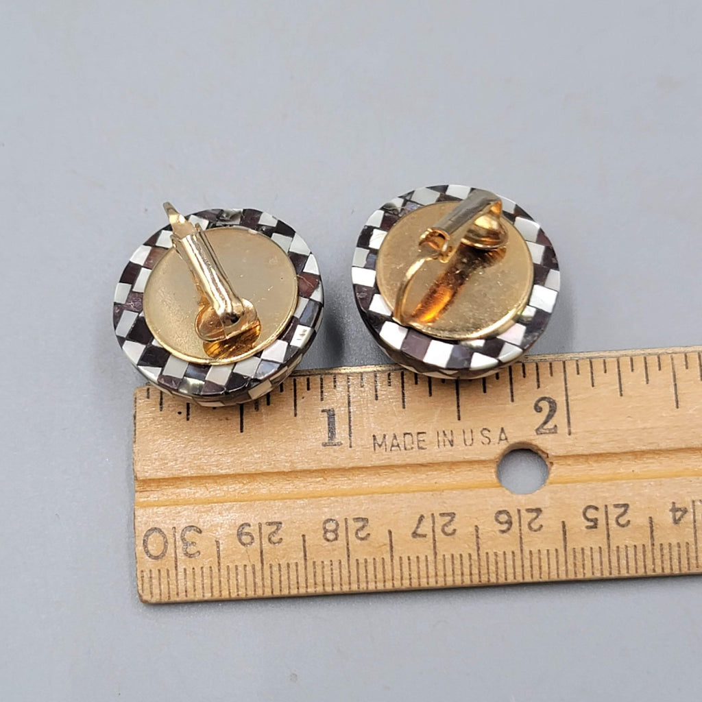 Vintage Mother of Pearl and Wood Inlay Clip on Earrings 1 in